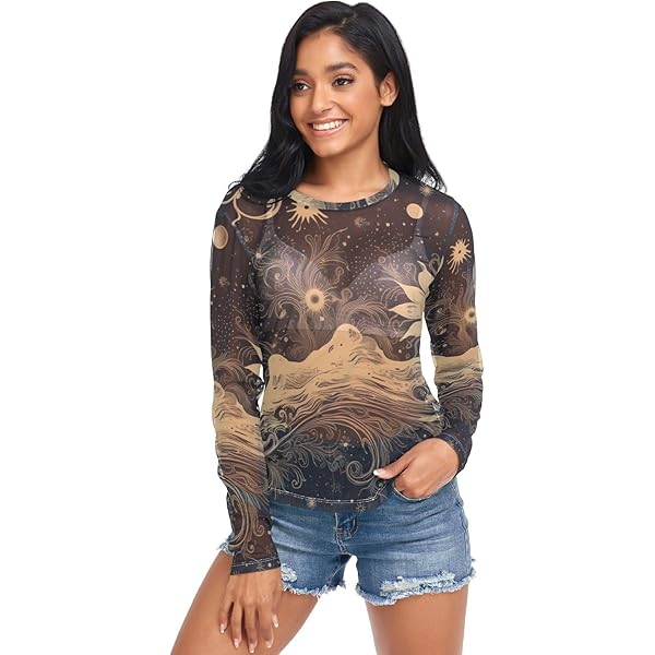 Elegant Flower Gold Line Art Women Mesh Sheer T Shirt, Mesh Tops